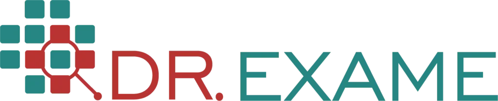dr exame logo com uma arte com vários quadrados verdes e vermelhos, e o dr em vermelho e o exame em verde